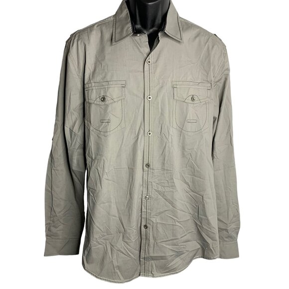 Drill Clothing Roll Tab Sleeve Button Up Shirt L Grey Chest Pockets Collared - Picture 1 of 7